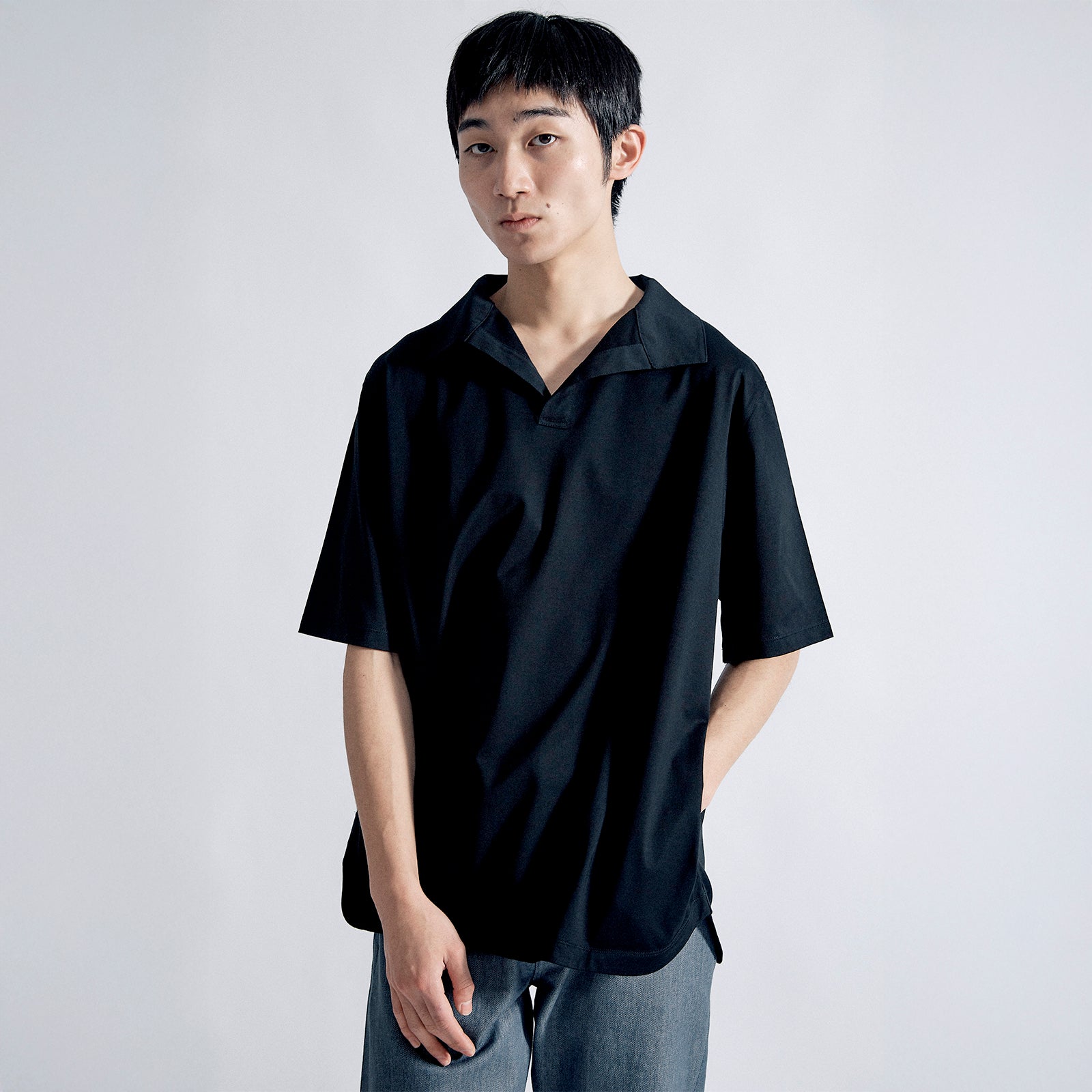 オブロングカラードレスT リラックス / Oblong Collar Dress T Relax #BLACK