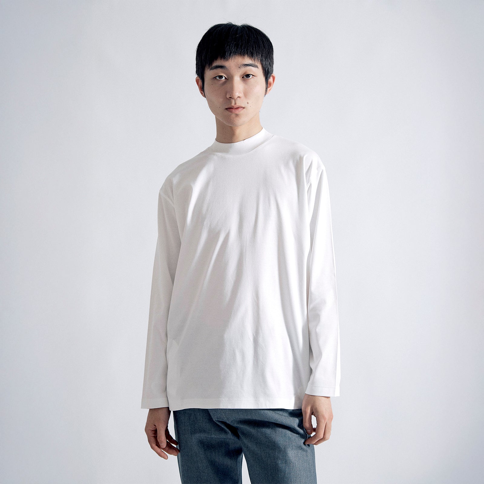 アルビニT スムース ロングスリーブ モックネック リラックス #WHITE