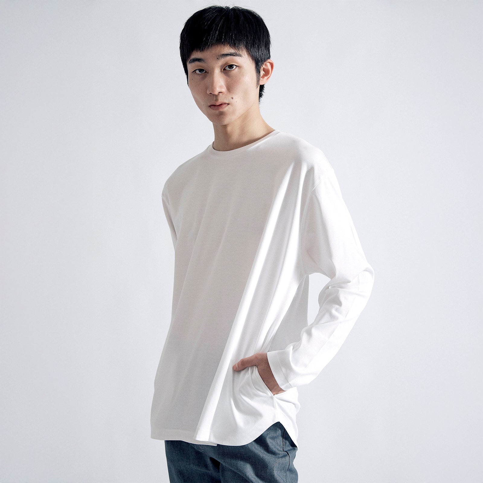 アルビニT スムース ロングスリーブ モックネック リラックス / Albini T Smooth LS Mock Neck Relax #WHITE